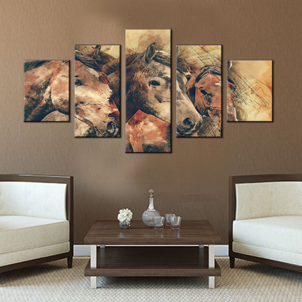 5 panels animal retro painting print horse art canvas paintings For living room office christmas decoration