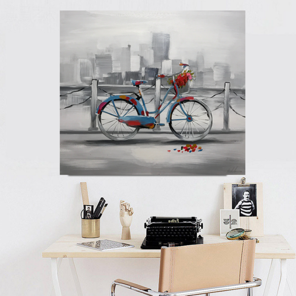 City River Landscape Bicycle Handmade Modern Decoration Canvas Painting Art Decor Handmade Oil Painting