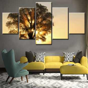 Le soleil couchant pénètre la vue du grand arbre 5 pièces de peinture à l'huile toile peinture en aérosol maison décoration murale peinture
