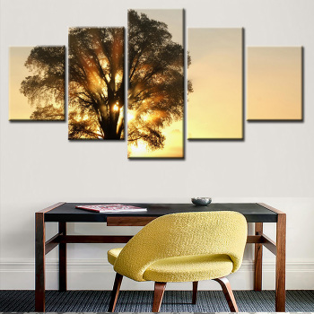 El sol poniente penetra en la vista del árbol alto 5 piezas de pintura al óleo lienzo pintura en aerosol decoración de la pared del hogar pintura