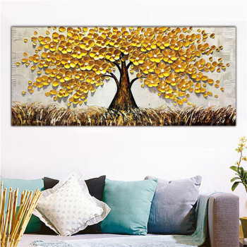 Golden tree knife painting thick texture handmade oil painting for home decoration