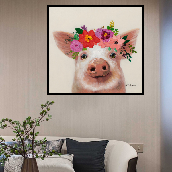 Stretched Canvas Large Size Family Painting pig With flowers Ready to Hang in Child Living Room