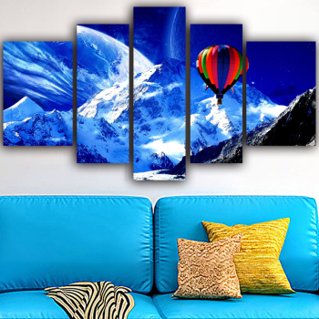 Factory Wholesale 5 Panel Snow Mountain Scenic Hot Air Balloon Wall Art Canvas Room Wall Decor Painting