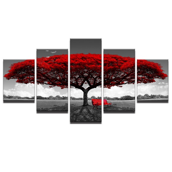 Modern 5 Frameless Canvas Gray Background Red Tree Picture Printing Art Home Decoration 5 Living Room Picture