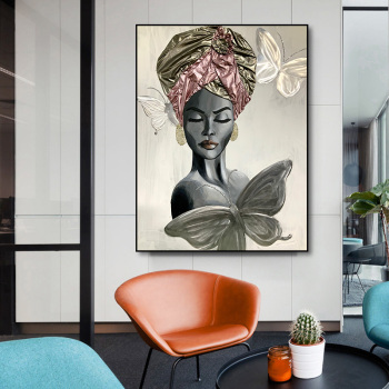 Customize modern metal painting art black woman canvas oil painting for hotel, wall art artworks handmade painting kits
