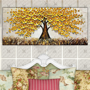 Golden tree knife painting thick texture handmade oil painting for home decoration