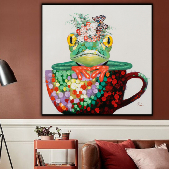 Top artiste peint à la main de haute qualité types de peinture à l'huile animale sur toile grenouille dans la tasse peinture à l'huile photo pour mur