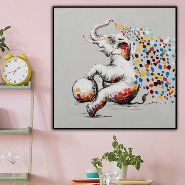 Animal Art Paintings Handmade Bright-coloured Elephant play ball Oil Paintings for Wall Decor