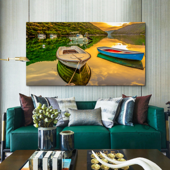Digital printing canvas painting beautiful lake scenic with boat, scenery art picture 3d printing painting