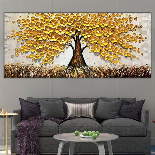 Golden tree knife painting thick texture handmade oil painting for home decoration
