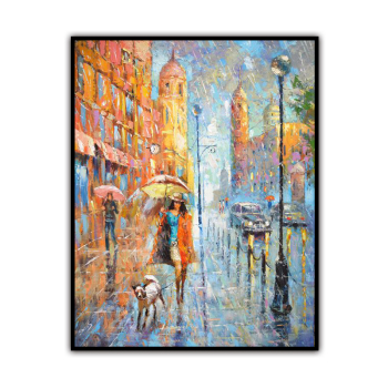100% Peinture à l'huile de texture faite à la main La belle fille mène le chien sous la pluie Art abstrait Mur Photos