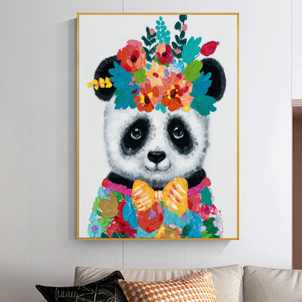 Handmade  Texture Oil Painting The panda with flowers is lovely Abstract Art Wall Pictures for  Home Office Decoration