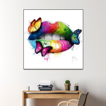HD Printed red green Lips With Butterfly Painting Canvas Print room decor print picture canvas