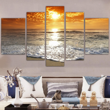 Canvas 5 Panel Hot The beach the sea the golden sky the scenery pretty Wall Art Poster HD Print OTHER Paintings