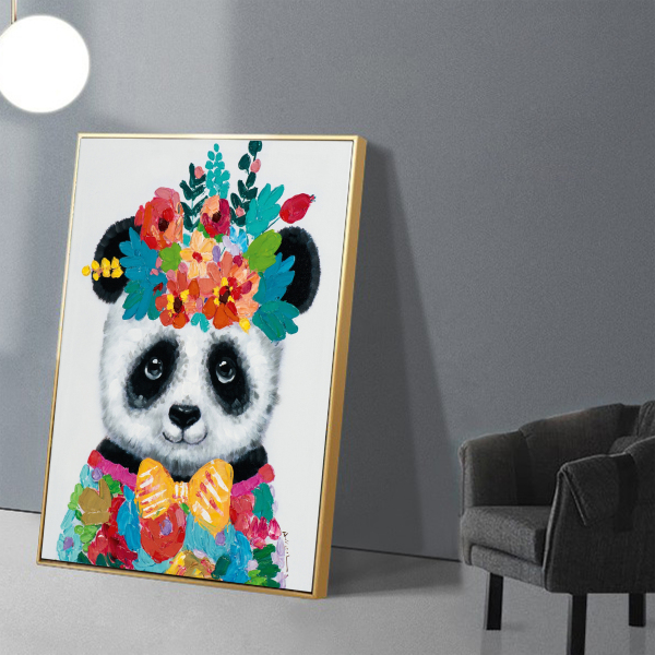 Handmade  Texture Oil Painting The panda with flowers is lovely Abstract Art Wall Pictures for  Home Office Decoration