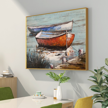 Handmade Texture Oil PaintingTwo small boats docked by the river Abstract Art Wall Pictures for Home Office Decoration