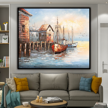 100% fait à la main Texture peinture à l'huile maison au bord de la mer avec bateau Art abstrait mur photos