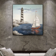 Hot selling artworks handmade oil painting for hotel, Top fashion lighthouse and boat hand painted oil painting wall arts