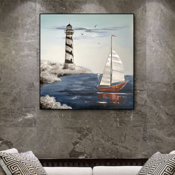 Hot selling artworks handmade oil painting for hotel, Top fashion lighthouse and boat hand painted oil painting wall arts