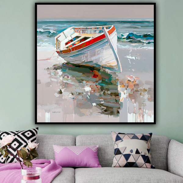 handmade oil painting A boat by the sea Thick texture home decor  Wall Decoration
