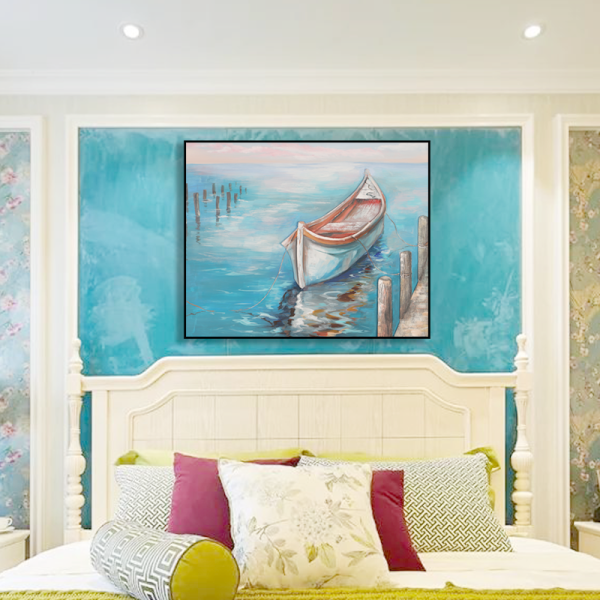 New arrival blue sea boat scenic art handmade oil painting, rectangle oil painting canvas