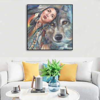 Manufacturer factory direct indian lady and wolf hpme painting, unique design OEM quality home wall decor canvas painting