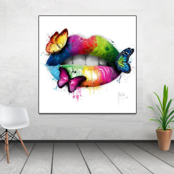 HD Printed red green Lips With Butterfly Painting Canvas Print room decor print picture canvas