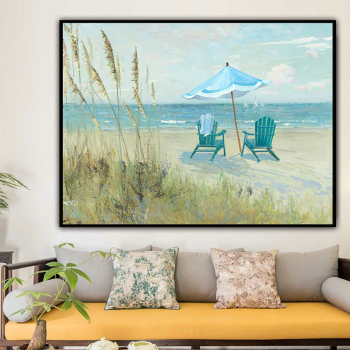 Handmade Texture Oil Painting View the scenery on the beach reclining chair Abstract Art Wall Pictures Decoration