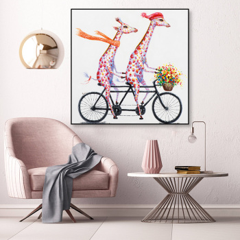 Conception de dessin animé peint girafe balade vélo bricolage peinture à l'huile par numéros, belle peinture d'art animalier par numéros sans cadre