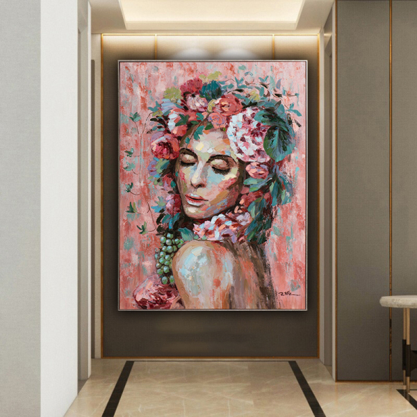 Handmade  Texture Oil Painting A woman with flowers on her head Abstract Art Wall Pictures  Decoration