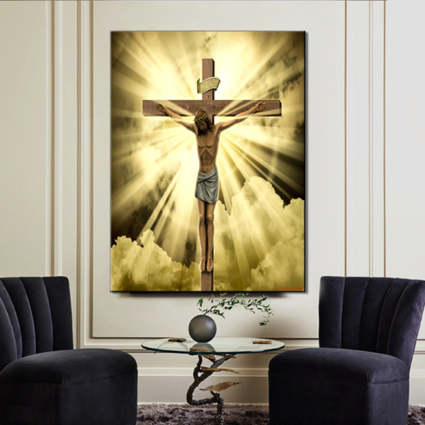 HD Printed Canvas Posters Frame Living Room Wall Art Gold Sky Jesus Statue Cross Home Decor Painting Modular Pictures