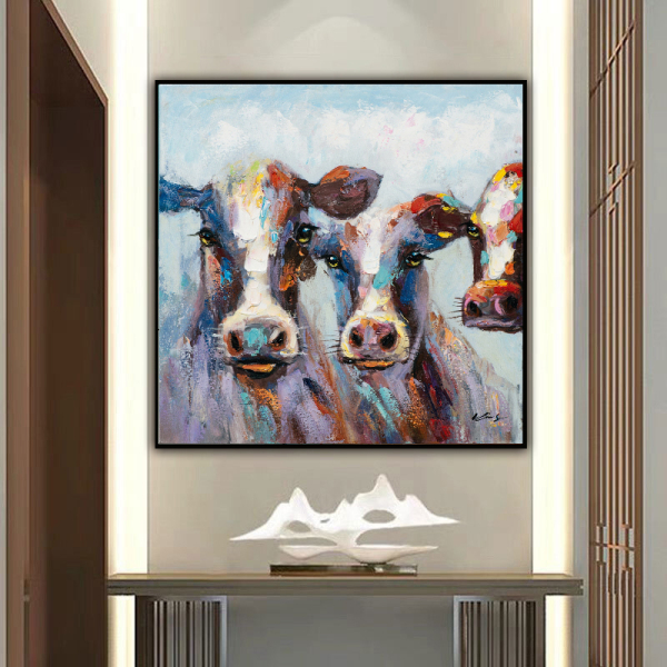 Hand Painted Cool Cows Canvas Oil Paintings Wall Art for Living Room Home Animals Decor for Kids Room Stretched Ready to hang