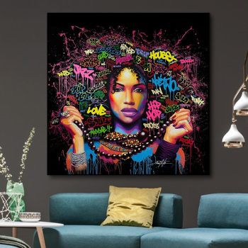 Wholesale living room hotel wall decor painting, sex black lady graffiti art painting, short lint print canvas painting