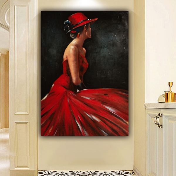 Handmade  Texture Oil Painting A woman in a red evening dress Abstract Art Wall Pictures  Decoration