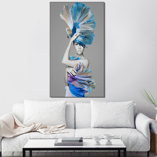 Abstract Beautiful Lady Wall Art Canvas Painting In Hat With Peacock Feathers Artwork Print Home Decor