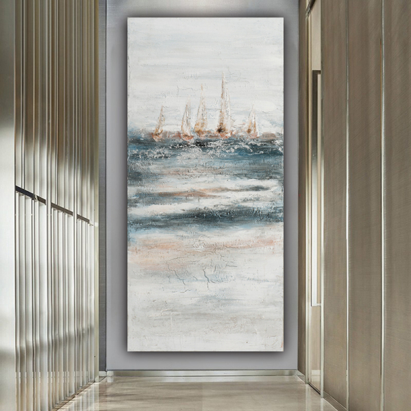Heavy texture abstract sailing boat sea view oil painting, home hotel decoration canvas handmade oil painting
