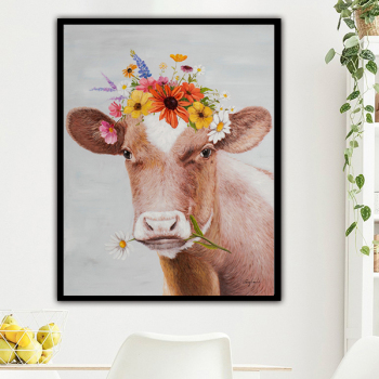 High Quality Animal Art Handmade Cow Head with flowers home Oil Painting on Canvas