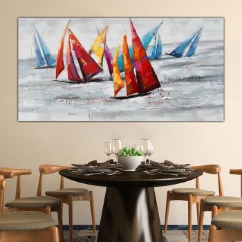 Art Fabric Canvas Pure Hand Painted Oil Painting, Abstract colorful sailing boat frameless wall art painting