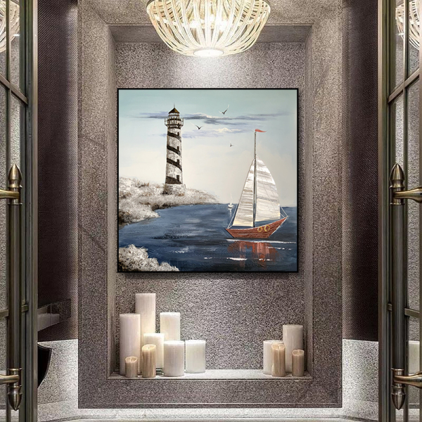 Hot selling artworks handmade oil painting for hotel, Top fashion lighthouse and boat hand painted oil painting wall arts