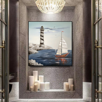 Hot selling artworks handmade oil painting for hotel, Top fashion lighthouse and boat hand painted oil painting wall arts