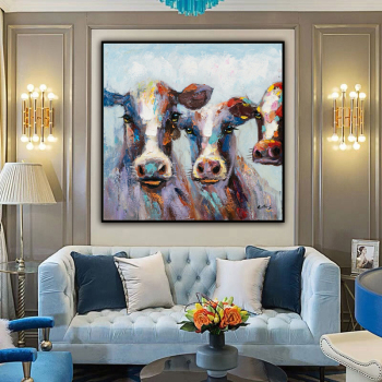 Hand Painted Cool Cows Canvas Oil Paintings Wall Art for Living Room Home Animals Decor for Kids Room Stretched Ready to hang