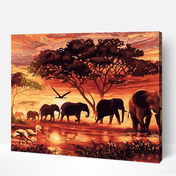 Pintura DIY de puesta de sol del Sahara por números, lienzo acrílico, cuadro de arte de pared, pintura de elefantes por números para adultos
