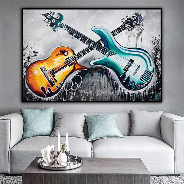 Hand painted, colorful guitar brother Art Wall Art Abstract Home Wall Oil Painting Canvas Spray Painting