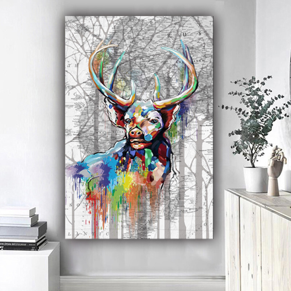 Abstract Modern Canvas Room Wall Art animal colorful Deer Oil Painting Bedroom Decor