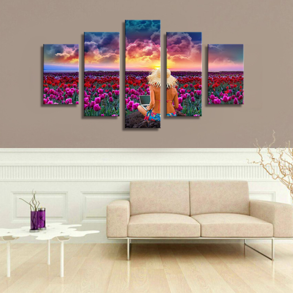 unframed 5 panel printed oil painting of beautiful girl art wall decoration for home
