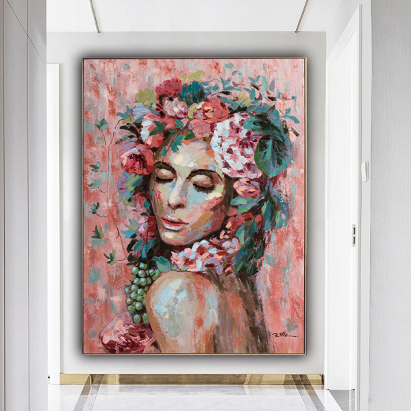 Handmade  Texture Oil Painting A woman with flowers on her head Abstract Art Wall Pictures  Decoration