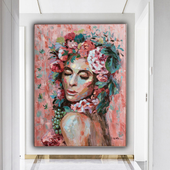 Handmade Texture Oil Painting A woman with flowers on her head Abstract Art Wall Pictures Decoration