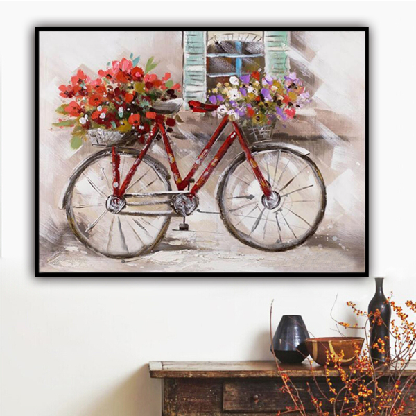 100% Handmade  Texture Oil Painting   A bicycle full of pictur Abstract Art Wall Pictures for Living Room Home Office Decoration