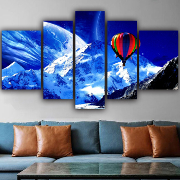 Factory Wholesale 5 Panel Snow Mountain Scenic Hot Air Balloon Wall Art Canvas Room Wall Decor Painting