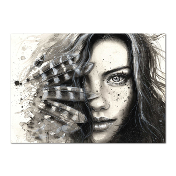 Feather Long Hair Girl Modern Frameless Printing Wall Art Home Black And White Decorative Oil Painting